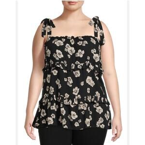 Romantic Gypsy Black Floral Square Neck Boho TIERED TIE Strap Women Top 2X